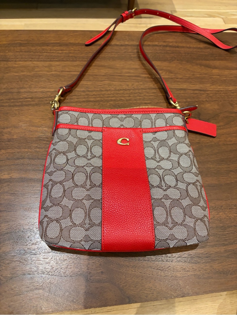 Coach Beige Signature Canvas Crossbody with Red Leather Trim